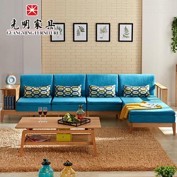 光明家具_简约现代全实木客厅沙发组合 红橡木转角沙发带贵妃位 WX3-3804